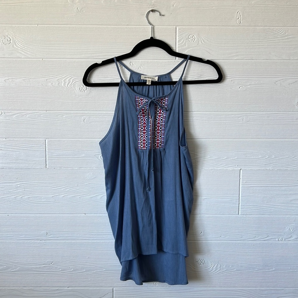 monteau blue tunic sleeveless blouse with embroidered bust medium